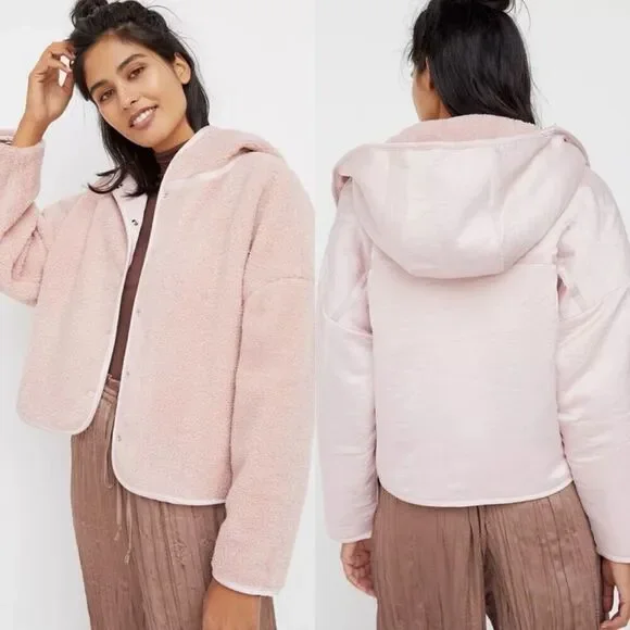 Anthropologie Saturday Sunday Reversible Satin Leona Pink Hoodie Snap Fleece Jac - Picture 9 of 9